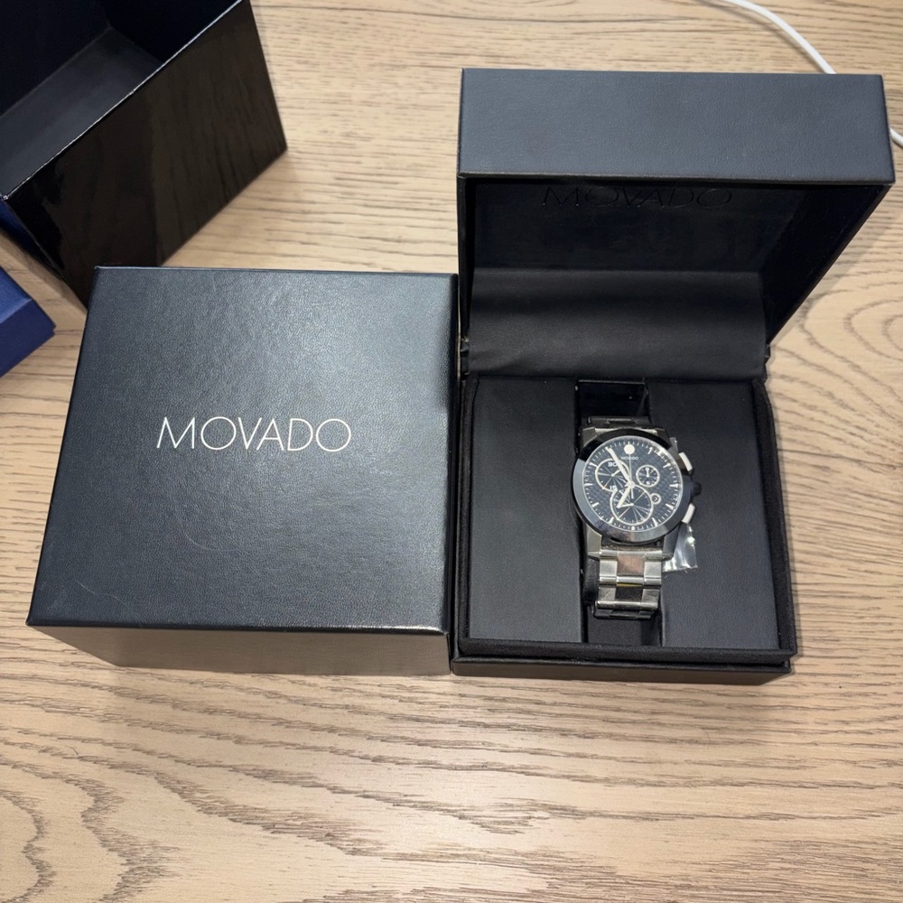 Movado Chronograph with Black Dial and Silver Band